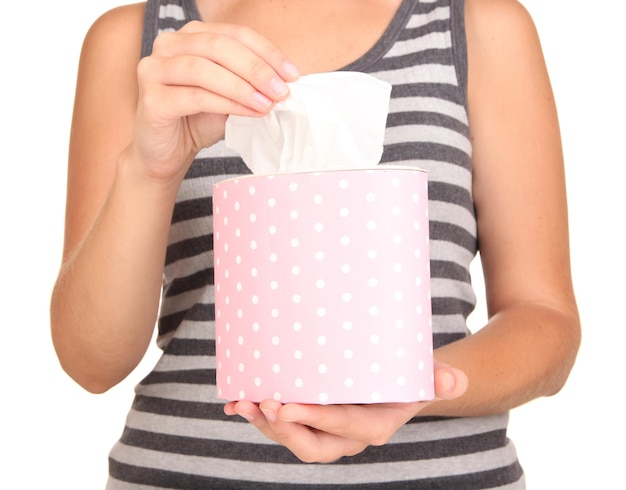 Cleaning wipes in hands isolated on white