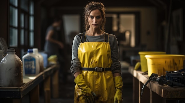 A cleaning woman is standing inside a building holding a bucket fulfilled with chemicals and facilities for tidying