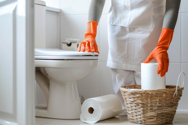 Cleaning woman in modern bathroom with open door paper roll supplies basket realistic style