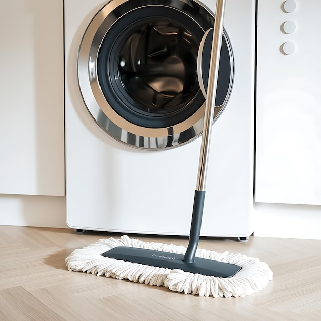 Photo cleansweep floor mop next to sleek modern washing machine