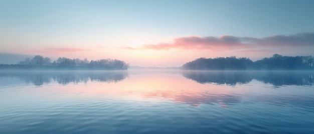 Clear 8K background of a calm lake at dawn with mist rising and soft pastel colors perfect for peaceful themes