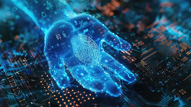 A clear blue digital hand with a fingerprint on a circuit board close up in the 3D rendering style Abstract technology background for a security system a biometric