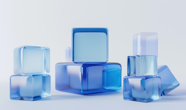 clear blue ice cubes on white background