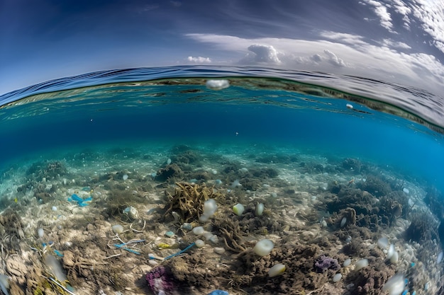 A clear, blue ocean with a coral reef and a few fish swimming in the water.