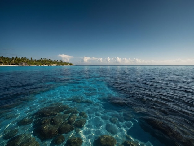 a clear blue ocean with rocks and the ocean in the background