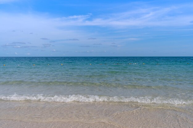 Clear blue sea wavy beach with blue sky day, relax island beach in summer