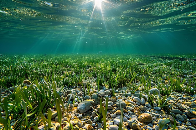 Photo a clear blue sea with a rocky shore and a sun shining through the water