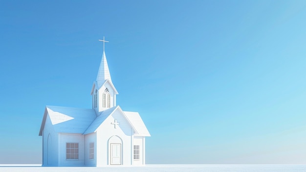 Clear Blue Sky Background with Traditional White Church and Cross Aerial View