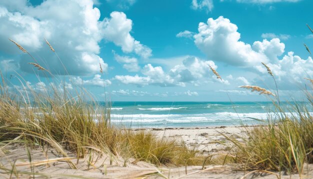 Photo clear blue sky over sandy beach with ocean waves and sea oats in summer