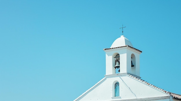 Clear Blue Sky Traditional White Church Bell Tower with Cross