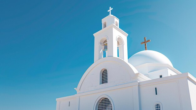 Clear Blue Sky Traditional White Church with Cross