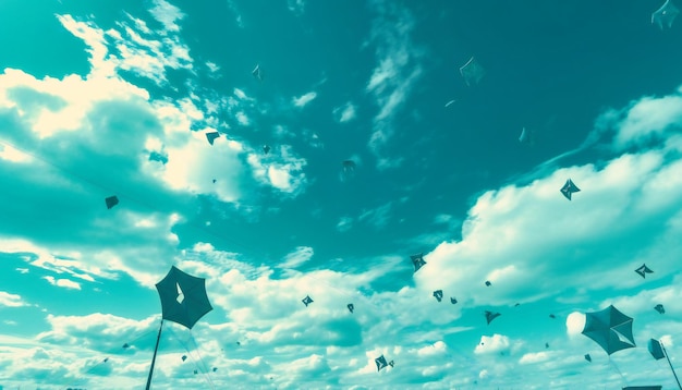 A clear blue sky with white clouds and some flying kites