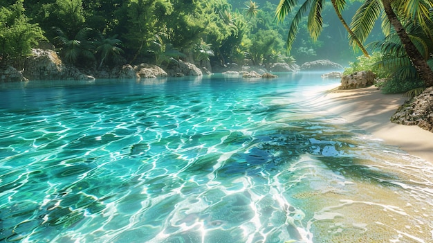 a clear blue water with a palm tree in the middle