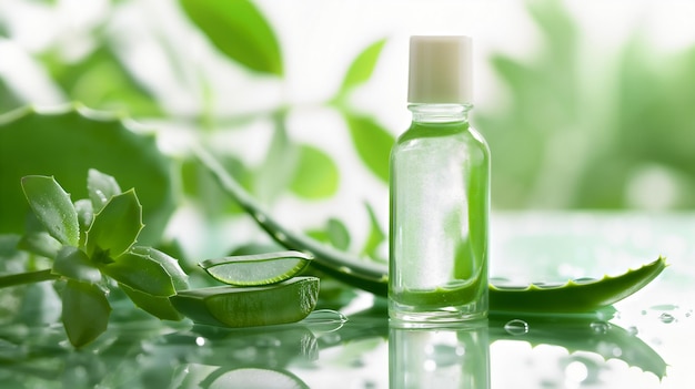 Clear bottle of aloe vera gel surrounded by fresh aloe leaves with droplets against a green backdrop