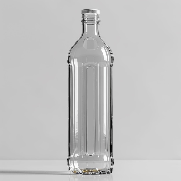 a clear bottle of clear liquid sits on a table