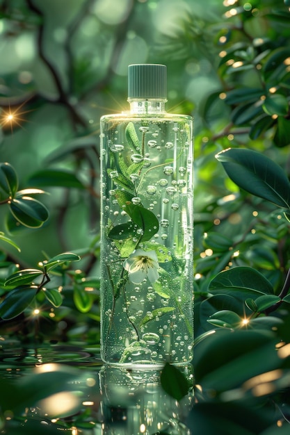 clear bottle of sparkling water with green leaves background