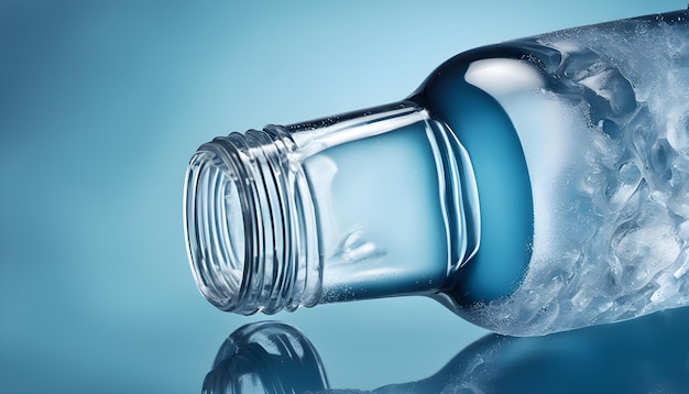 a clear bottle with a blue cap on it