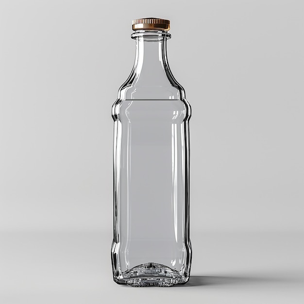 a clear bottle with a gold cap is sitting on a gray background