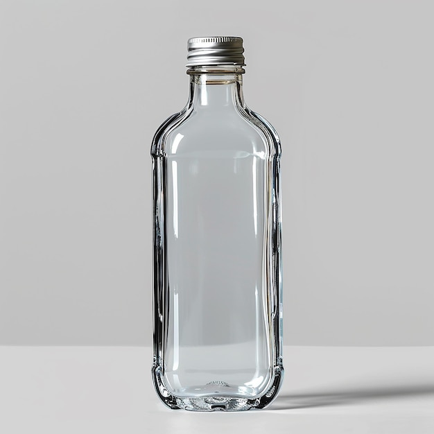 a clear bottle with a silver cap and a silver cap