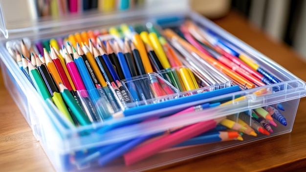 A clear box filled with various colored pencils crayons and markers for artistic use