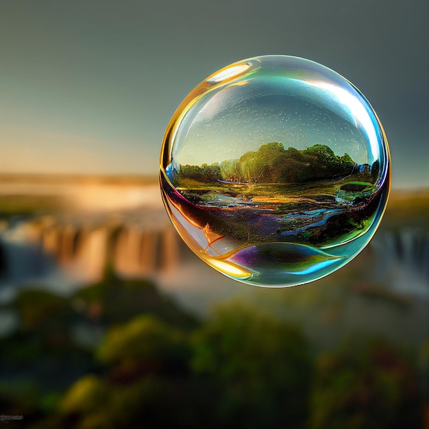 A clear bubble with a picture of a river and a forest in the background.