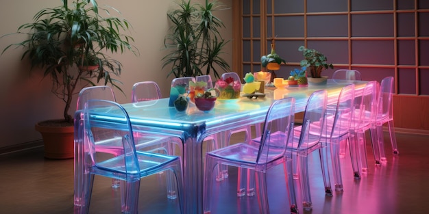 A clear and concise dining room with an ammo lite texture and a black light effect AI Generative