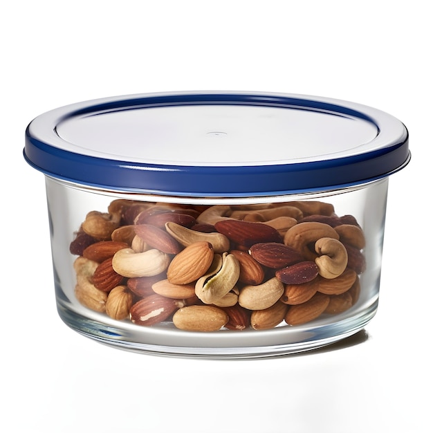 A clear container with a blue lid that says " nuts " on it.