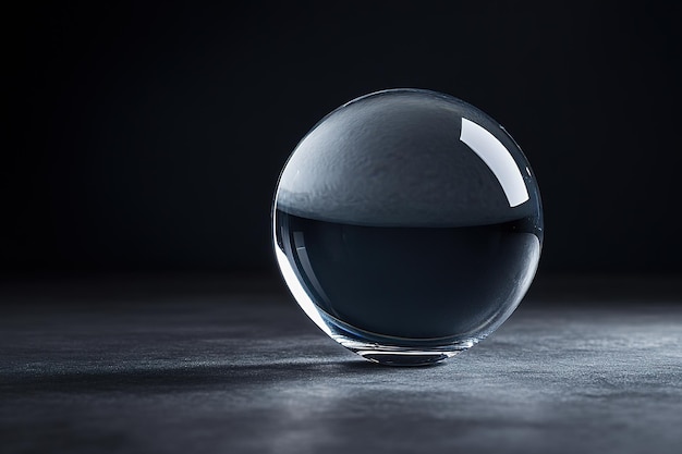 Clear crystal ball on dark surface reflecting light