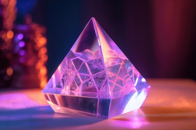 Clear crystal pyramid resting on a wooden table