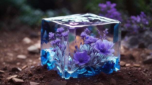 A clear cube made of ice sits on the ground with purple flowers encased inside There are also purp