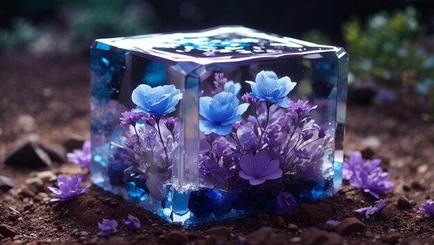 A clear cube made of ice sits on the ground with purple flowers encased inside There are also purp