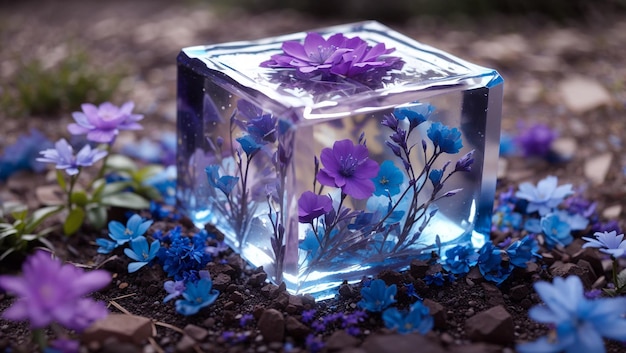 A clear cube made of ice sits on the ground with purple flowers encased inside There are also purp