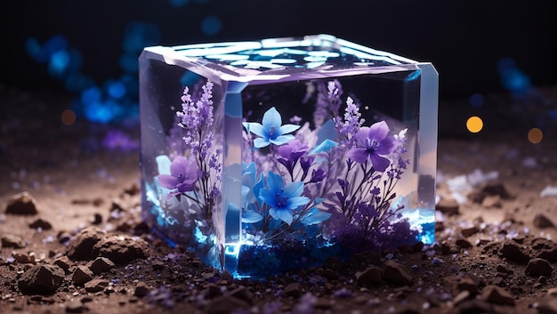 A clear cube made of ice sits on the ground with purple flowers encased inside There are also purp