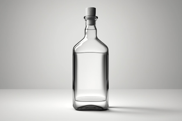 A clear empty bottle of alcohol with a wooden cap.