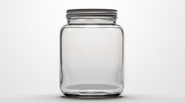 A clear empty glass jar with white background