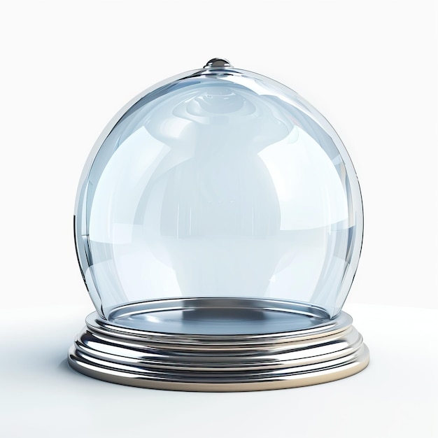 A clear empty glass snow globe with a silver base on a white background Perfect for your design or decoration projects