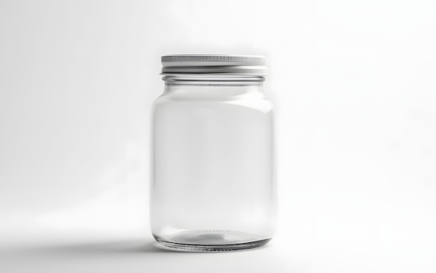 A clear empty jar with a silver lid sits on a white surface.