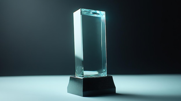 Photo a clear glass award trophy on a black base sits on a light blue surface against a dark background