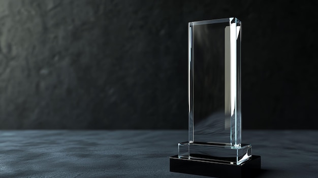 Photo a clear glass award trophy on a black base with a dark background