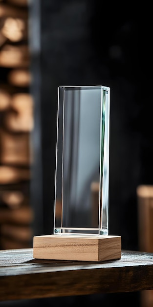 Photo clear glass award on wooden base