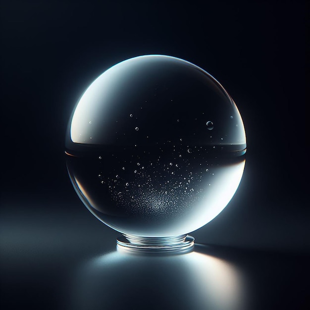 Photo clear glass ball on a wooden base black background