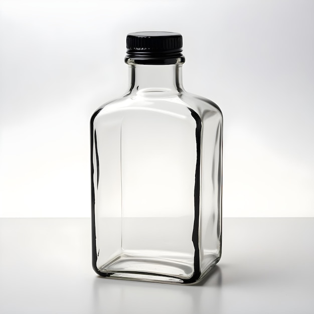 A clear glass bottle with a cap standing on a white background