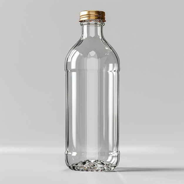 a clear glass bottle with a gold cap and a gold top