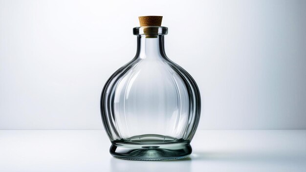 a clear glass bottle with a gold cap sits on a white surface