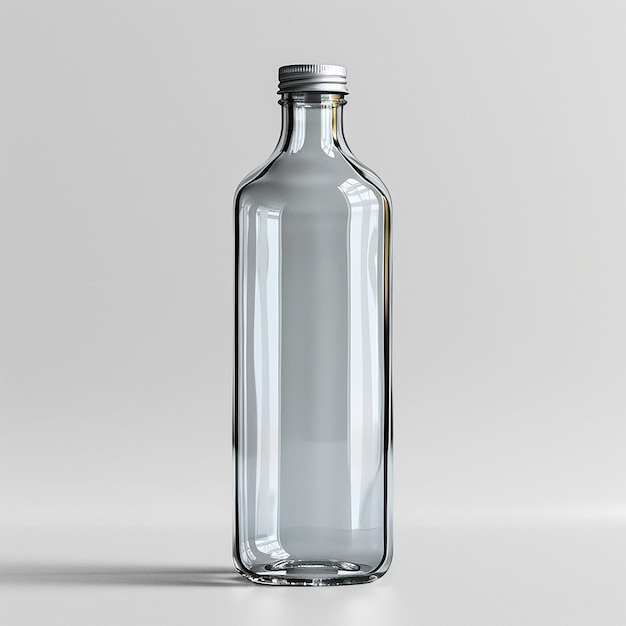 a clear glass bottle with a silver cap and a silver cap