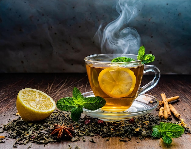 A clear glass cup of tea infused with lemon and mint leaves steaming on a wooden table surr