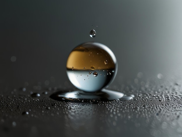 Photo a clear glass drop with reflections and bubbles on a dark background