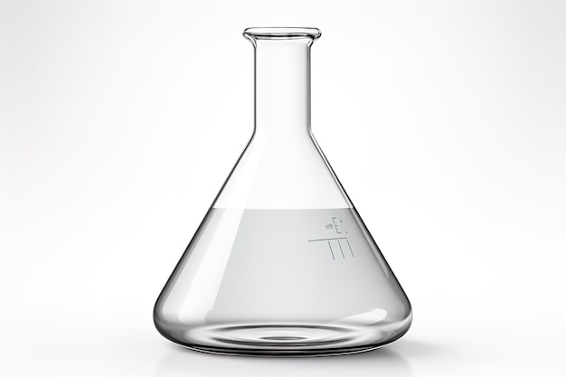 Photo a clear glass erlenmeyer flask filled with transparent liquid on a white background on a clear png or white background