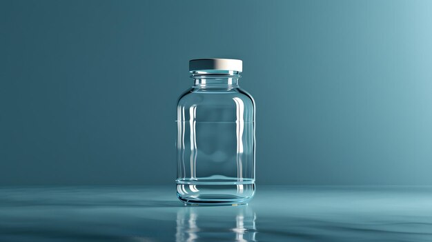 Clear glass medicine bottle transparent liquid white cap soft blue background bokeh effect pharmaceu