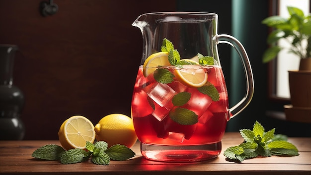 A clear glass pitcher filled with a pinkred colored liquid The pitcher is garnished with lemon sli